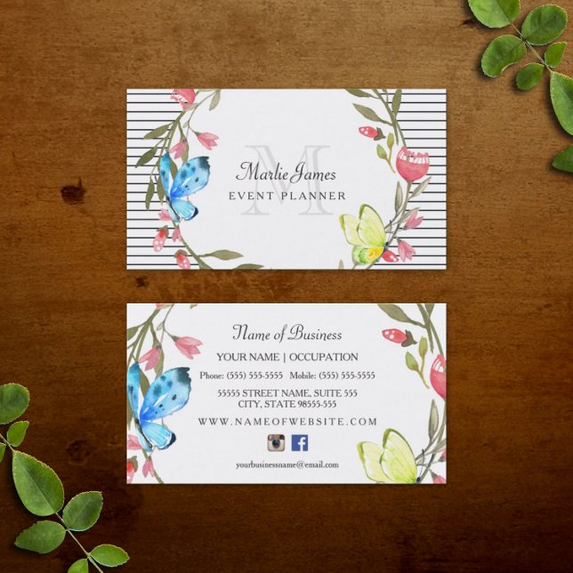 Girly Butterfly Floral and Stripes Event Planner Business Card