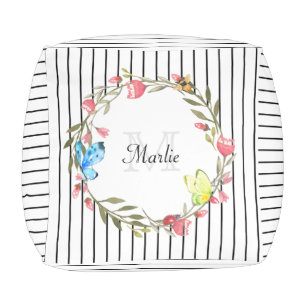 Girly Butterfly Floral Thin Black Stripes and Name Pouf