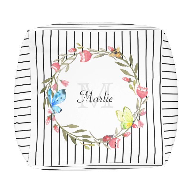 Girly Butterfly Floral Thin Black Stripes and Name Pouf (Top)