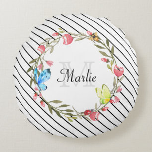 Girly Butterfly Floral Thin Black Stripes and Name Round Pillow