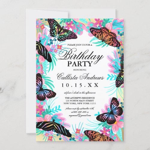 Girly Butterfly Flowers Leaves Watercolor Birthday Invitation