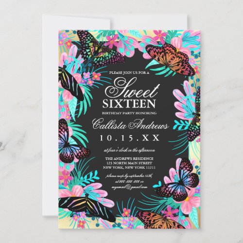 Girly Butterfly Flowers Leaves Watercolor Sweet 16 Invitation