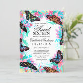Girly Butterfly Flowers Leaves Watercolor Sweet 16 Invitation (Standing Front)