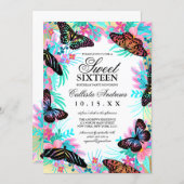 Girly Butterfly Flowers Leaves Watercolor Sweet 16 Invitation (Front/Back)