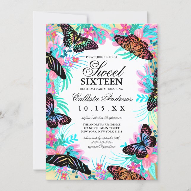 Girly Butterfly Flowers Leaves Watercolor Sweet 16 Invitation (Front)