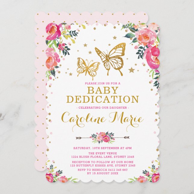 Girly Butterfly Watercolor Floral Baby Dedication Invitation (Front/Back)