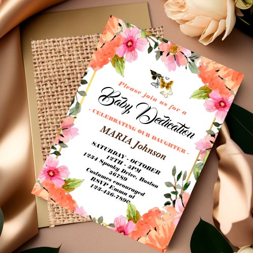 Girly Butterfly Watercolor Floral Baby Dedication  Invitation