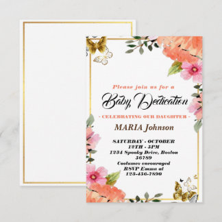 Girly Butterfly Watercolor Floral Baby Dedication  Invitation