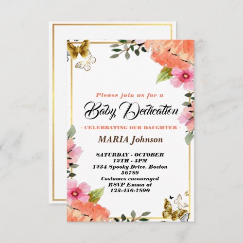 Girly Butterfly Watercolor Floral Baby Dedication  Invitation