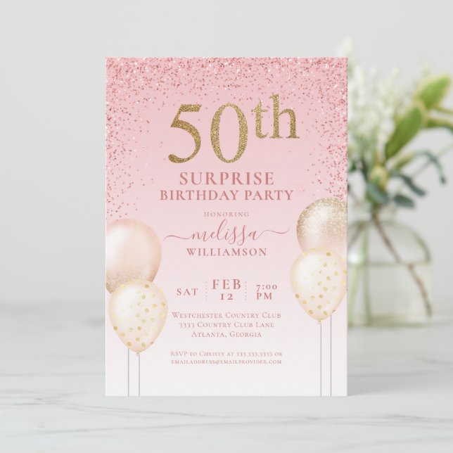 Girly Calligraphy Glitter Surprise 50th Birthday I Invitation (Standing Front)
