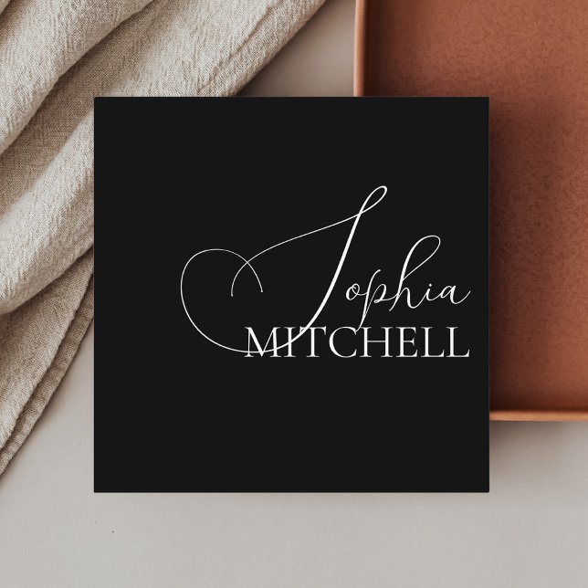 Girly Calligraphy Minimalist Black Square Business Card (Creator Uploaded)