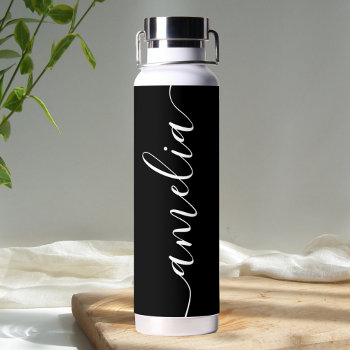 Girly Calligraphy Modern Black Water Bottle by CrispinStore at Zazzle