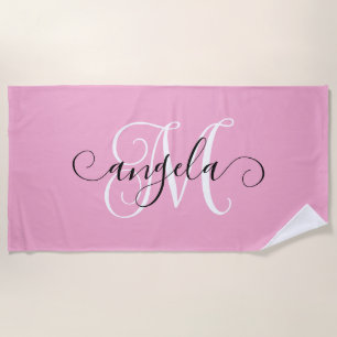 Girly Calligraphy Monogram Light Pink Beach Towel
