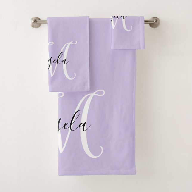 Girly Calligraphy Monogram Pale Lavender Bath Towel Set (Insitu)