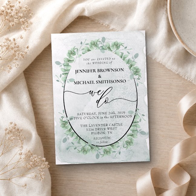 Girly Calligraphy We Do Botanical Eucalyptus Invitation