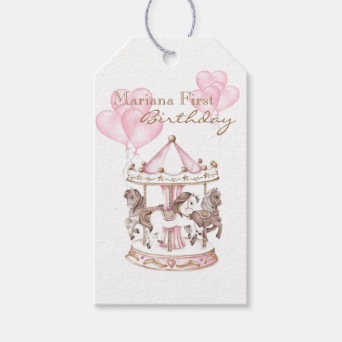 Girly Carousel Pink Unicorn First Birthday Gift Tags