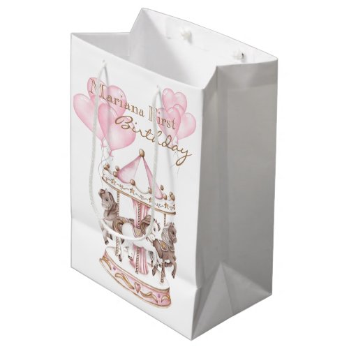 Girly Carousel Pink Unicorn First Birthday Medium Gift Bag