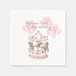 Girly Carousel Pink Unicorn First Birthday Napkins
