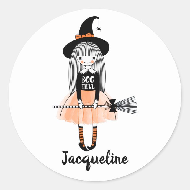 Girly cartoon witch broom hat bow boo personalize classic round sticker (Front)