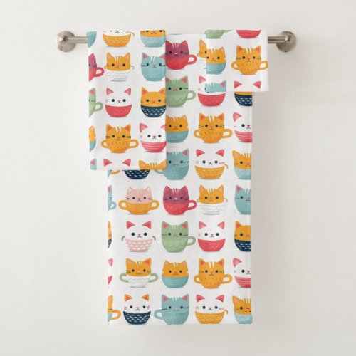 Girly Cat Patterm Colorful Tea Cups Kittens Bath Towel Set