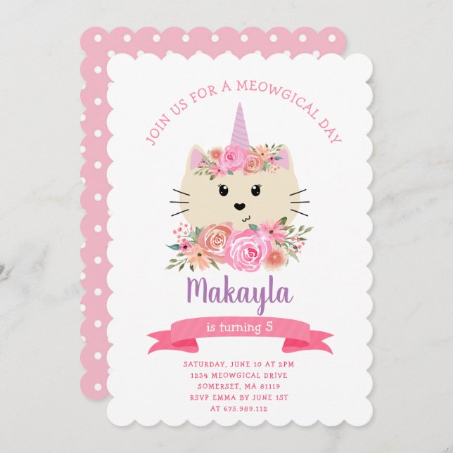Girly Cat Unicorn Caticorn Meowgical 1st Birthday  Invitation (Front/Back)