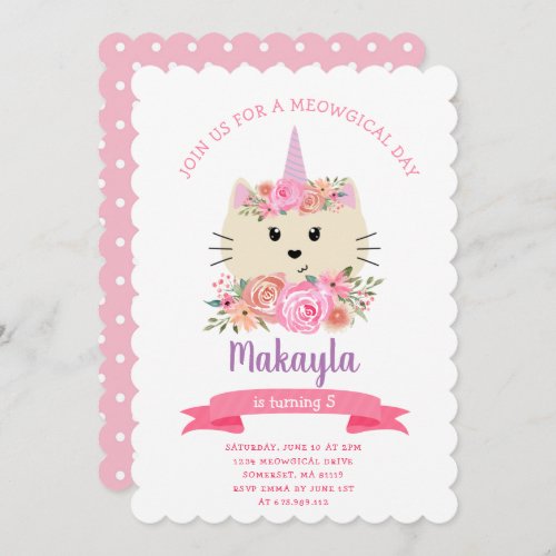 Girly Cat Unicorn Caticorn Meowgical 1st Birthday  Invitation