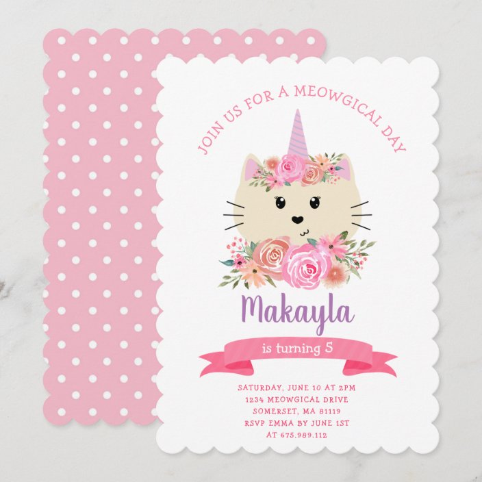 Girly Cat Unicorn Caticorn Meowgical 1st Birthday Invitation | Zazzle