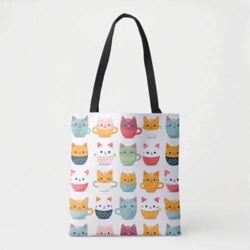 Girly Cats Cups Mugs Cute Colorful Pattern Tote Bag