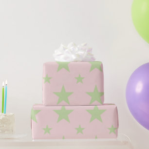 Girly Celestial Pastel Pink & Green Stars Pattern Wrapping Paper