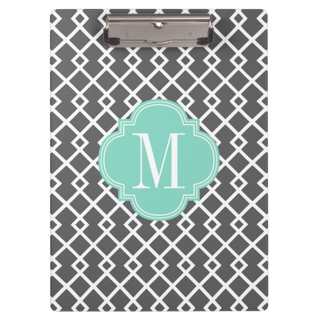 Girly Charcoal & Aqua Diamond Lattice Personalized Clipboard (Front)