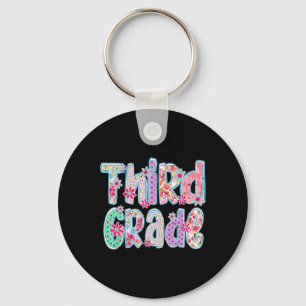 Girly Checkered Floral Third Grade Back To School  Keychain