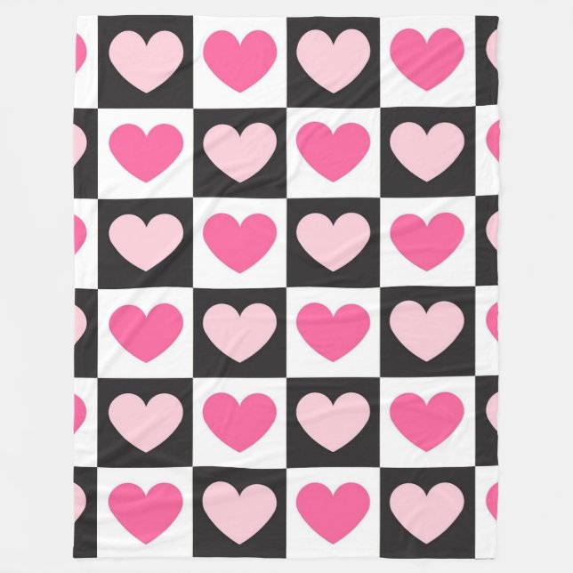 Girly Checkered Pink Hearts Luxury Fleece Blanket (Front)