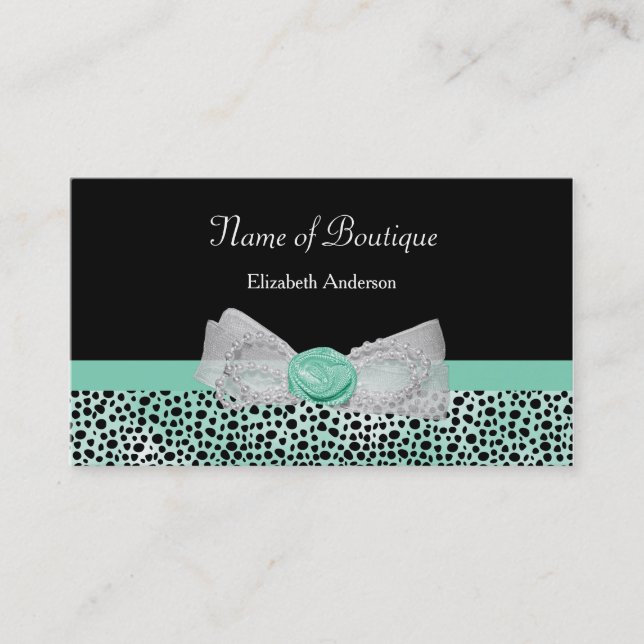 Girly Cheetah Print Boutique Cute Mint Bow Business Card (Front)