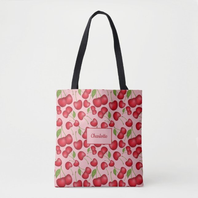 Girly Cherries pattern pink with personalize name Tote Bag (Front)