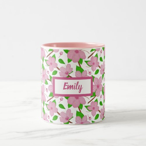Girly cherry blossom pattern add your name Two_Tone coffee mug