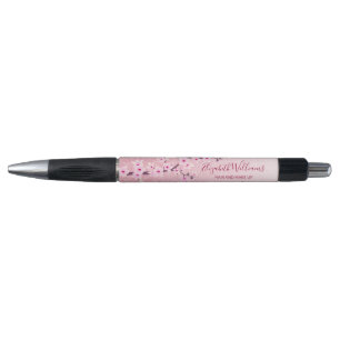 Girly Cherry Blossoms Pink Glitter Monogram Pen