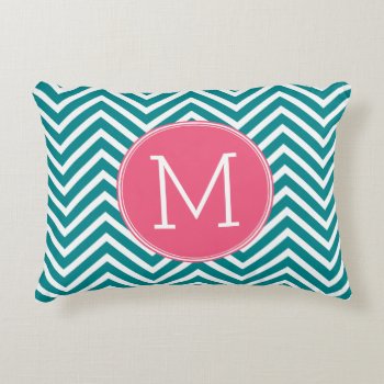 Girly Chevron Pattern With Monogram - Pink Teal Accent Pillow by GotchaShop at Zazzle