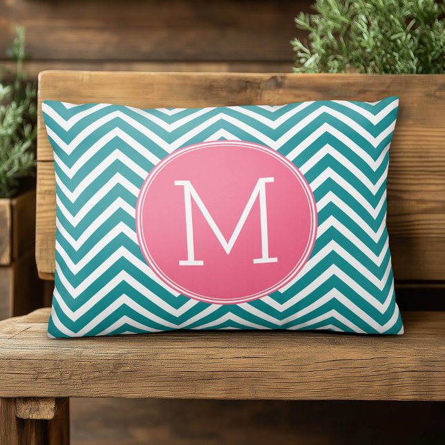 Girly Chevron Pattern with Monogram - Pink Teal Accent Pillow (Cute Monogram Accent Pillow)