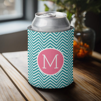 Girly Chevron Pattern With Monogram - Pink Teal Can Cooler by GotchaShop at Zazzle