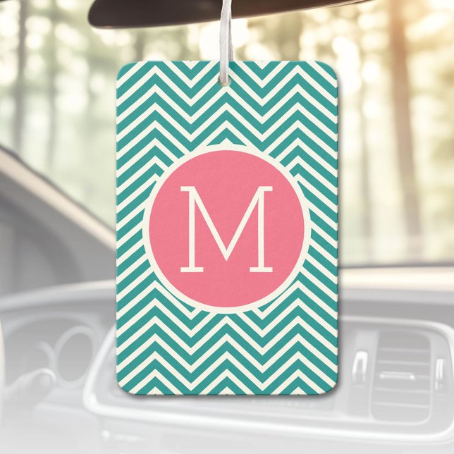 Girly Chevron Pattern with Monogram - Pink Teal Car Air Freshener (Custom Air Freshener)