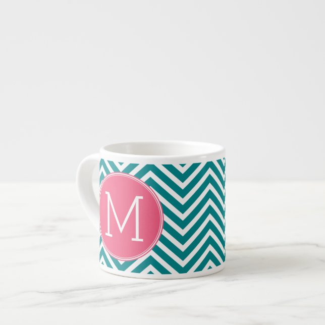 Girly Chevron Pattern with Monogram - Pink Teal Espresso Cup (Front Left)
