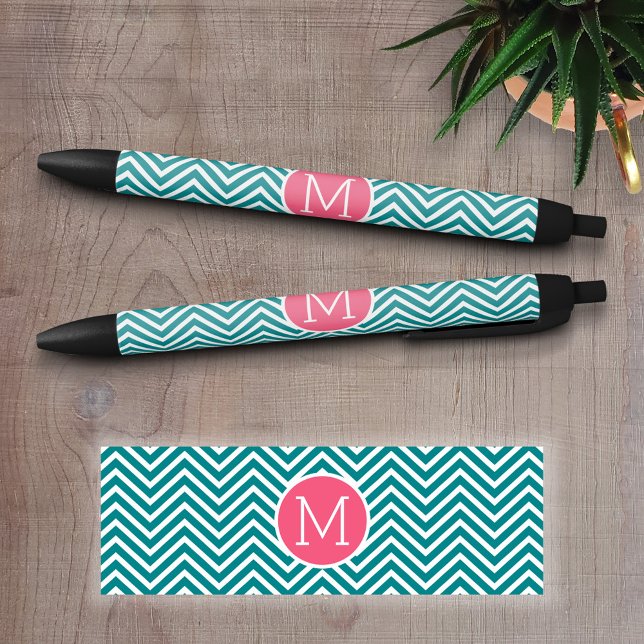 Girly Chevron Pattern with Monogram - Pink Teal Pen (Personalized writing pens - Add your text and choose a background color)
