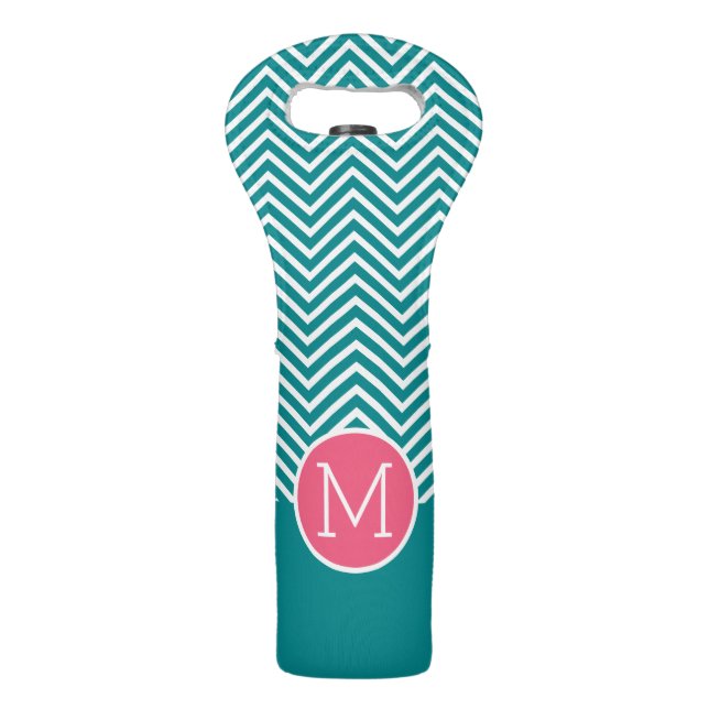 Girly Chevron Pattern with Monogram - Pink Teal Wine Bag (Front)