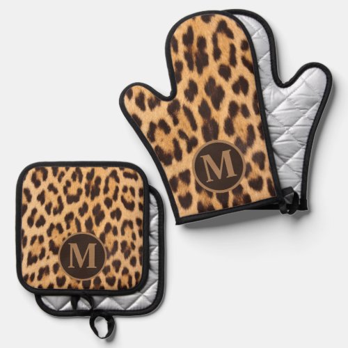 girly chic animal print leopard monogram initials oven mitt  pot holder set