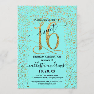 Girly Chic Aqua Gold Confetti Border Sweet 16 Invitation