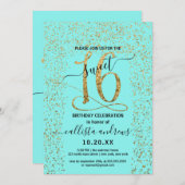 Girly Chic Aqua Gold Confetti Border Sweet 16 Invitation (Front/Back)