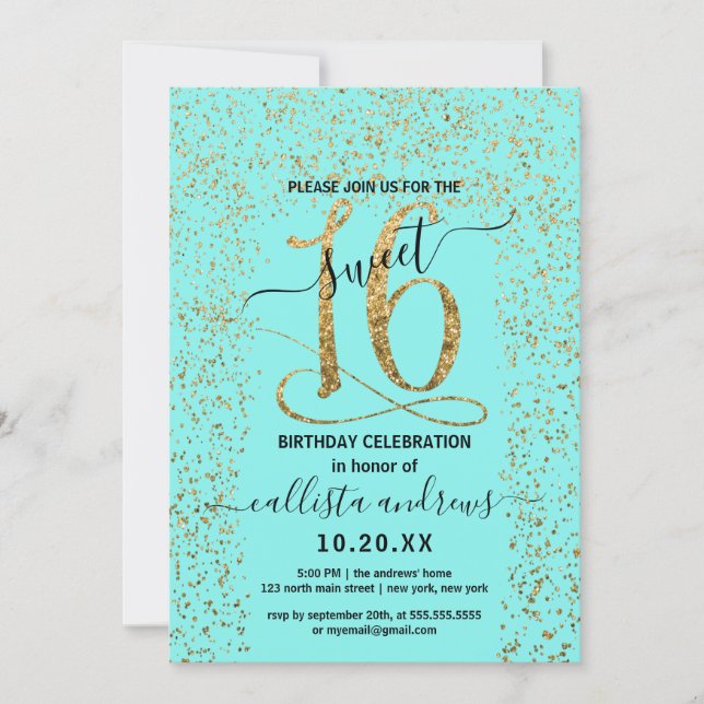 Girly Chic Aqua Gold Confetti Border Sweet 16 Invitation (Front)