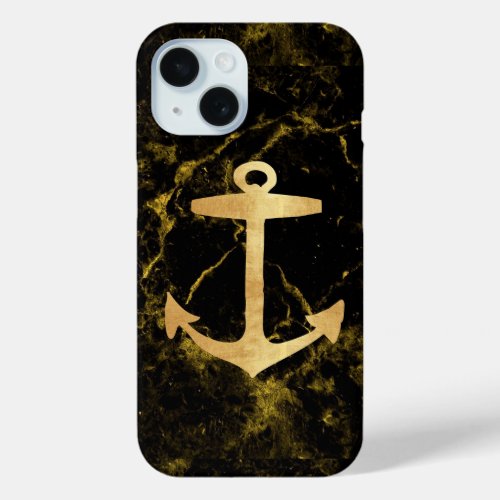 Girly Chic beach black and gold marble anchor  iPhone 15 Case