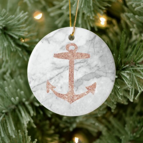 girly chic beach rose gold anchor white marble ceramic ornament