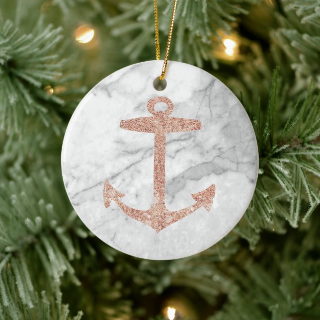 girly chic beach rose gold anchor white marble ceramic ornament (Tree)